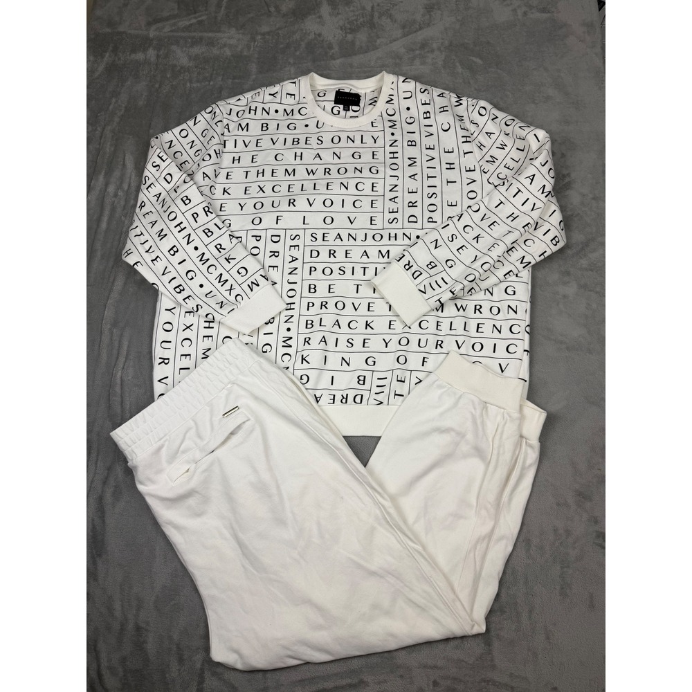 Sean John Tracksuit Mens 4XL White Graphic Print Crewneck Sweatshirt Joggers Set